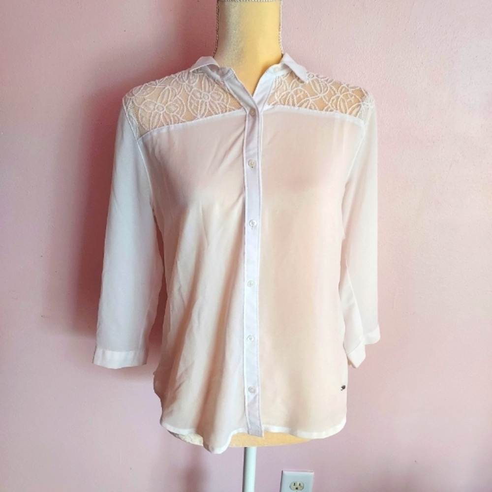 Hollister sheer lace yoke and back flowy chiffon button down shirt small
